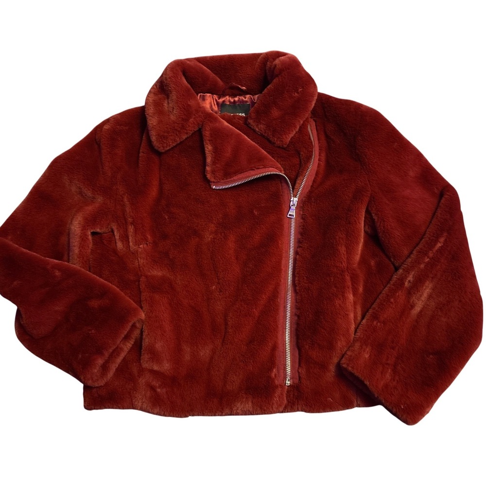 Express Wine Red Faux Fur Plush Cropped Moto Jacket Asymmetrical Zip XS